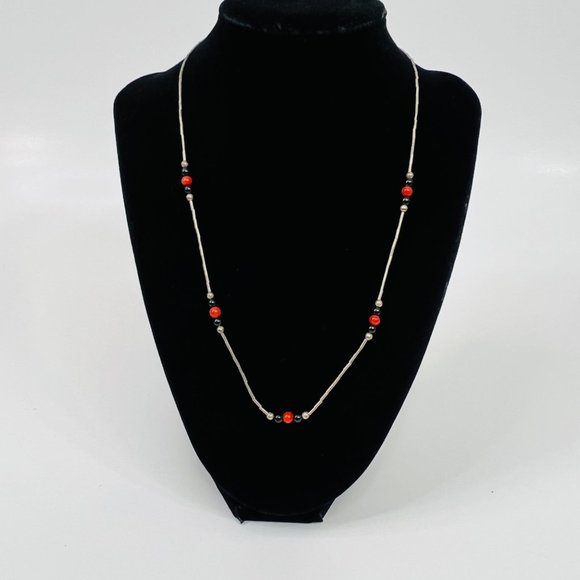 Liquid Silver Sterling Silver Necklace Red Coral Black Onyx Station Beads 19" - Picture 6 of 9